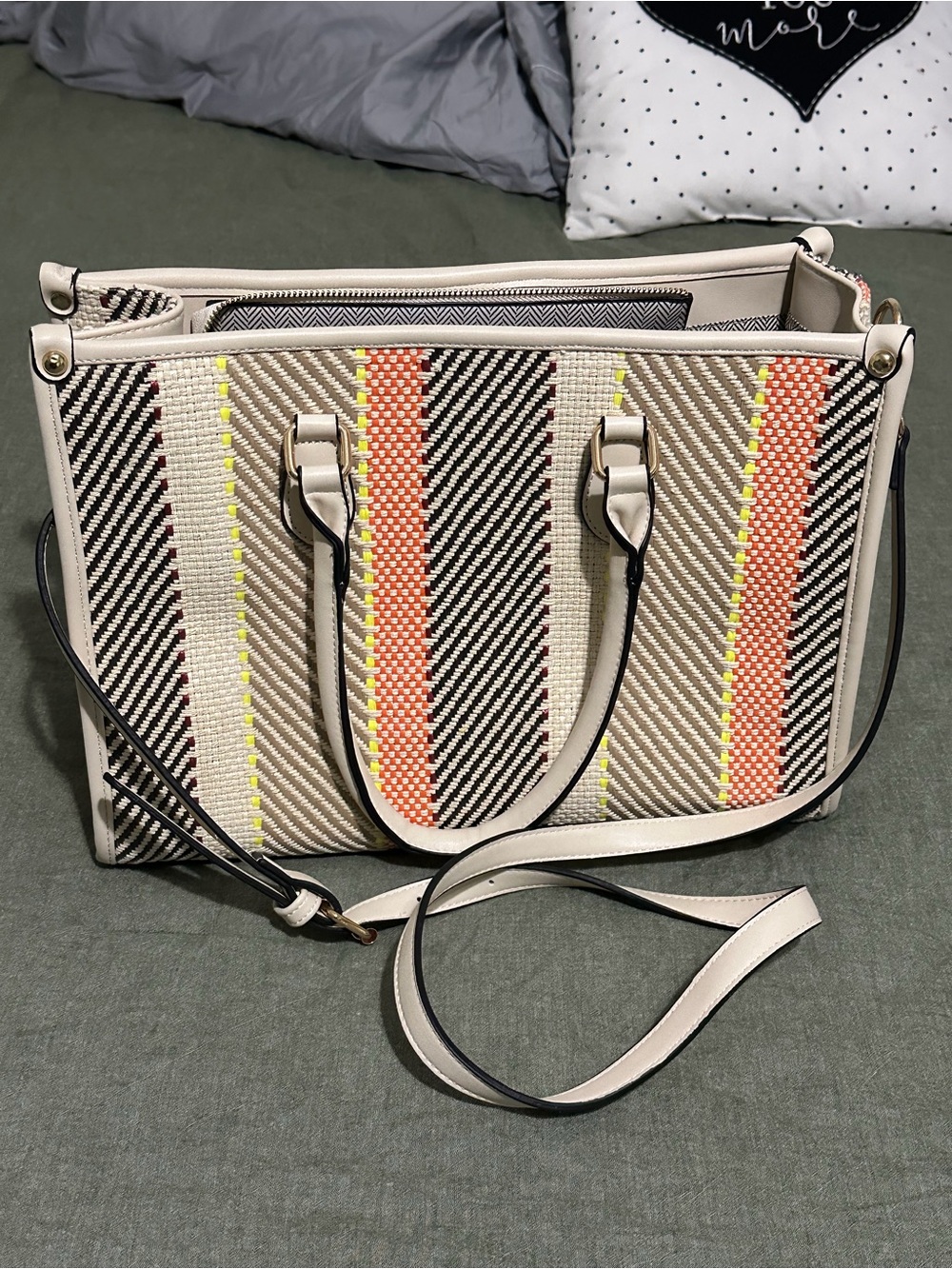 Woven Stripe Satchel with Removable Crossbody Strap - Cream & Coral